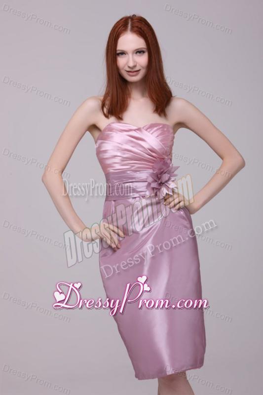 Column Sweetheart Pink Hand Made Flower Ruching Prom Dress