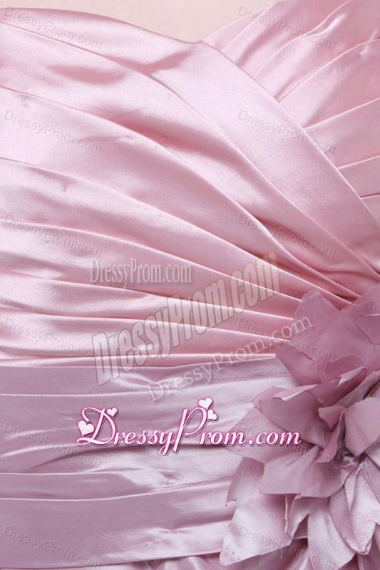 Column Sweetheart Pink Hand Made Flower Ruching Prom Dress