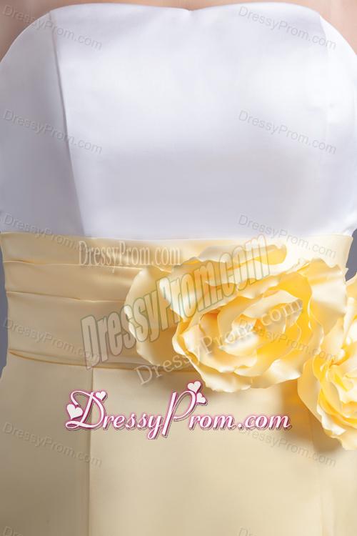A-line Light Yellow Strapless Hand Made Flowers Ankle-length Prom Dress