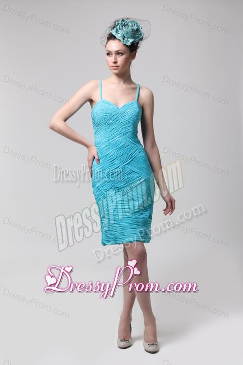 Blue Straps Column Side Zippe rChiffon Knee-length Ruching Prom Dress