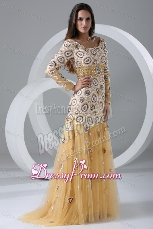 Champagne A-line Scoop Prom Dress with Long Sleeves