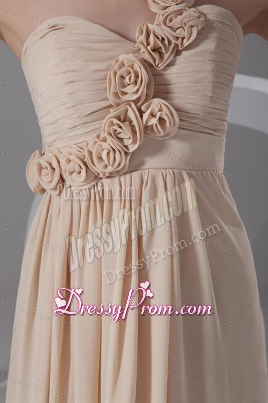 Champagne Empire One Shoulder Chiffon Hand Made Flowers Prom Dress