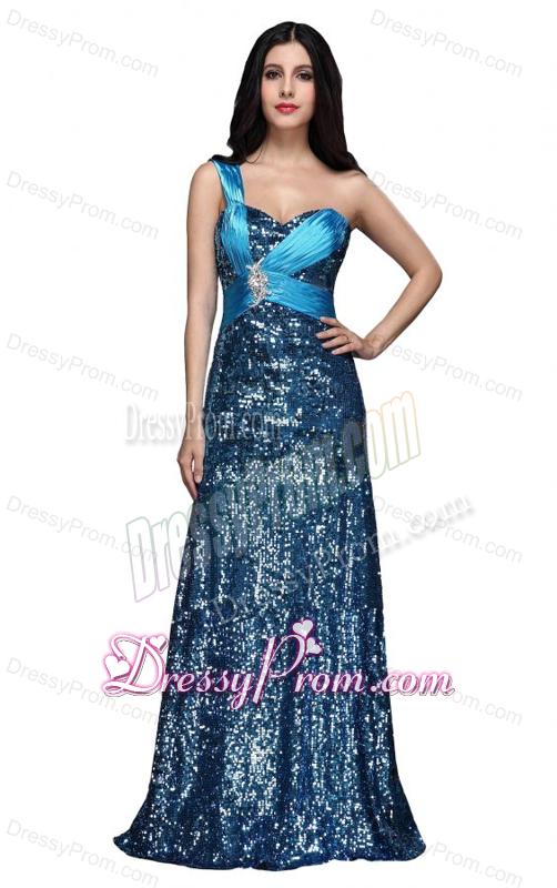 Column Blue One Shoulder Beading Ruching Sequins Floor-length Prom Dress