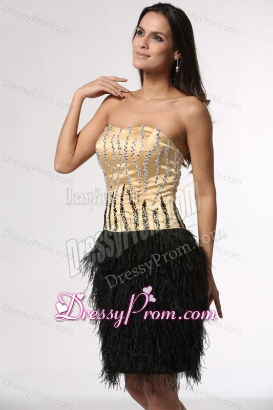 Column Champagne and Black Strapless Feather Beading Satin Prom Dress
