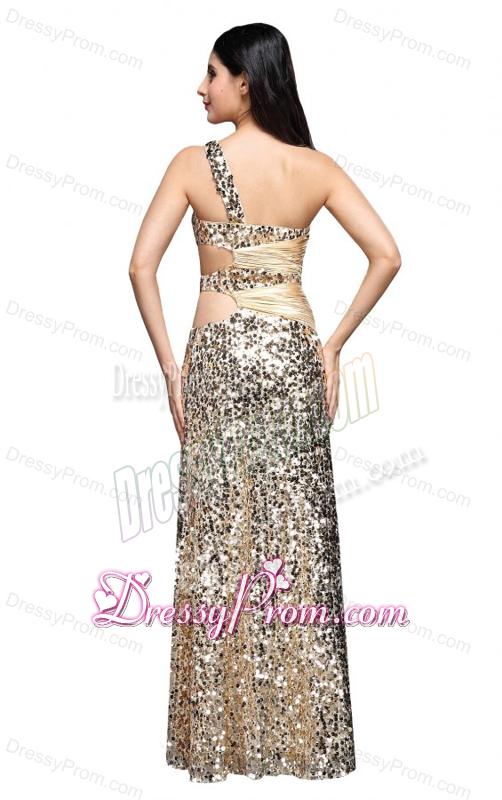 Column Champgne One Shoulder Sequins Ruching Floor-length Prom Dress