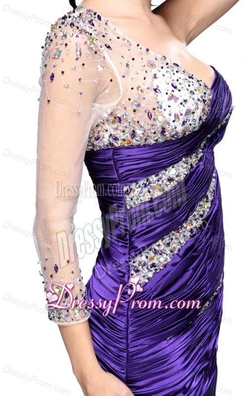Column Eggplant Purple One Shoulder Long Sleeves Beading Mini-length Prom Dress