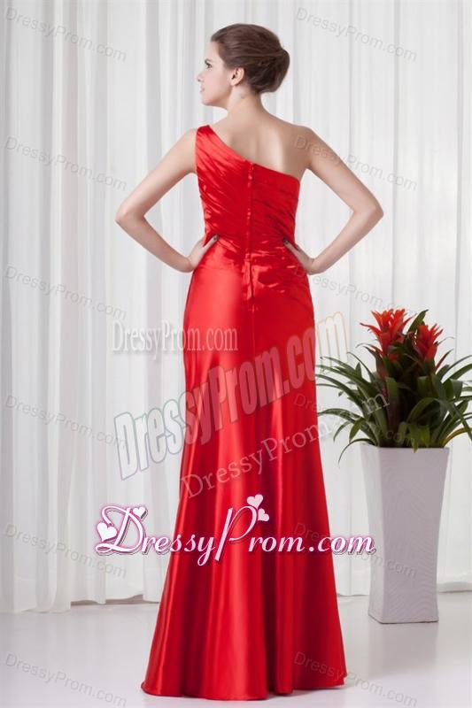Column One Sholuder Red Taffeta Ruching Floor-length Prom Dress
