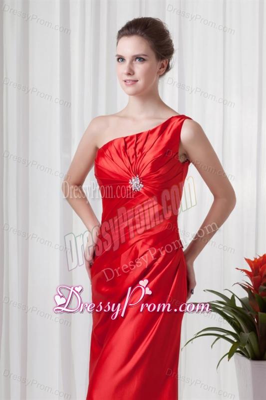Column One Sholuder Red Taffeta Ruching Floor-length Prom Dress
