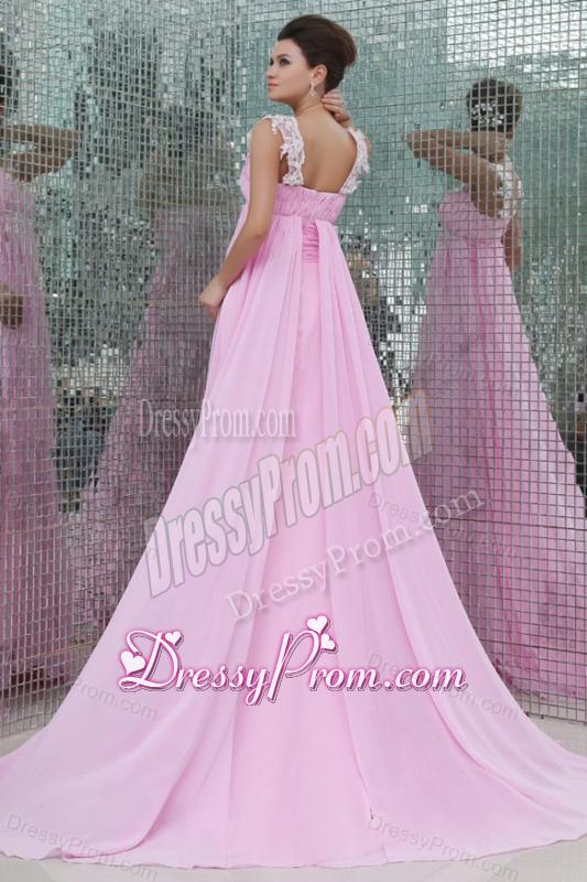 Empire Straps Rose Pink Appliques and Ruching Chiffon Prom Dress