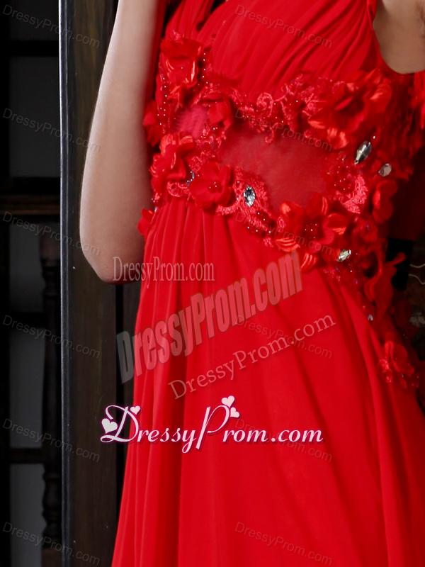 Empire V-neck Red Chiffon Floor-length Hand Made Flowers Side Zipper Prom Dress