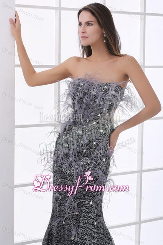 Mermaid Black Festher Strapless Sequins Brush Train Prom Dress