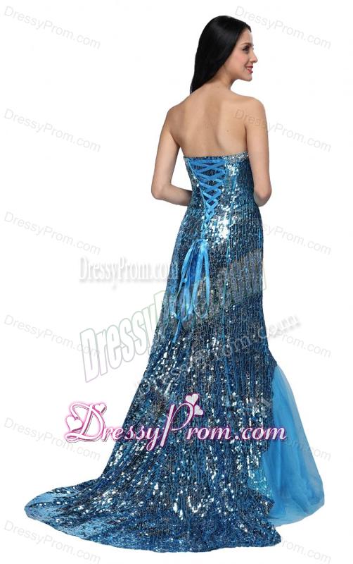 Mermaid Blue Sweetheart Sequins Beading Organza Long Prom Dress