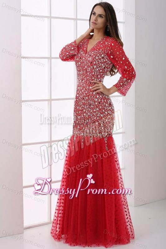 Mermaid V-neck Wine Red Beading Tulle Long Sleeves Prom Dress