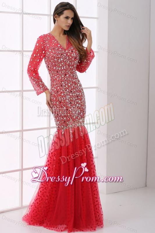 Mermaid V-neck Wine Red Beading Tulle Long Sleeves Prom Dress