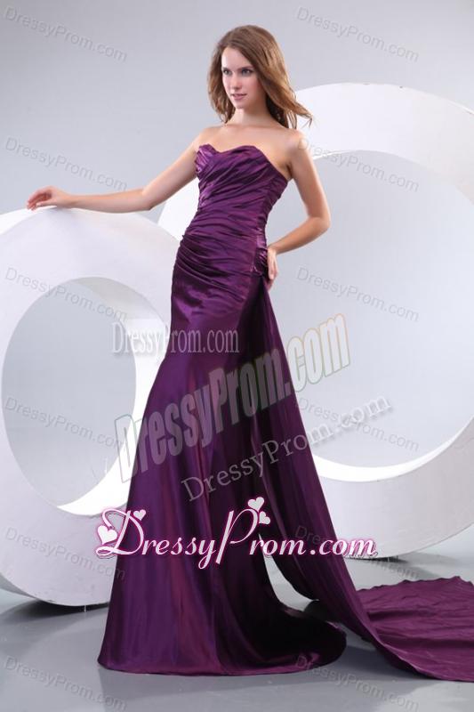 Popular Column Sweetheart Watteau Train Purple Side Zipper Prom Dress with Ruching