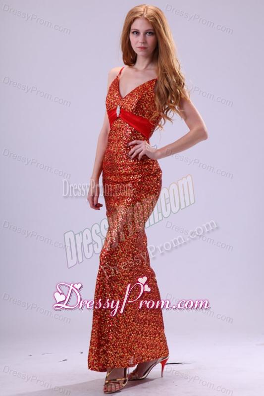 Sexy Column Straps Floor-length Red Sequins Prom Dress with Paillette