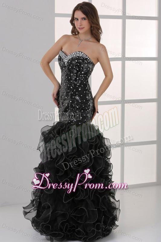 Sweetheart Black Mermaid Sequins Ruffles Prom Dress with Beading