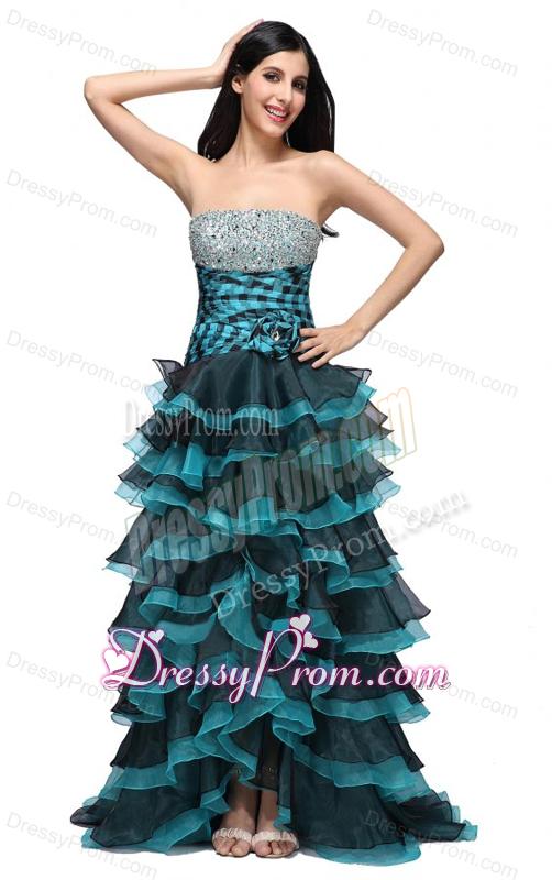 A-line Strapless Black and Blue Ruffled Layers Organza Beading Prom Dress