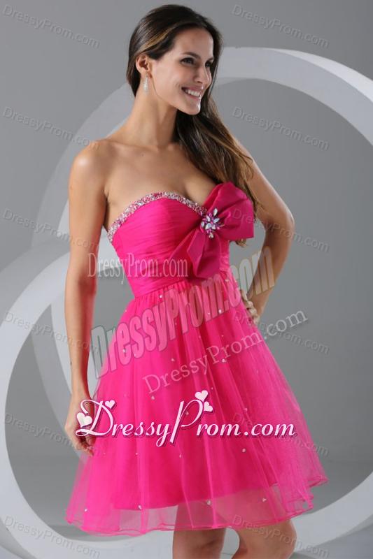 A-line Sweetheart Hot Pink Beading and Ruching Knee-length Prom Dress