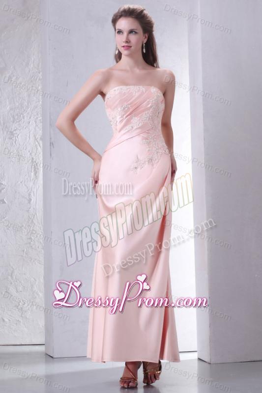 Baby Pink Strapless Column Ankle-length Prom Dress with Appliques