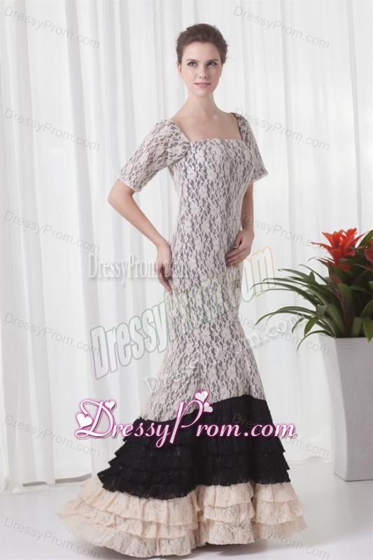 Mermaid Square Champagne Lace Floor-length Prom Dress with Short Sleeves