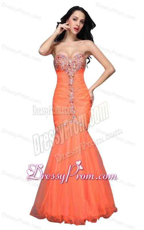 Mermaid Sweetheart Orange Beading Ruching Organza Prom Dress