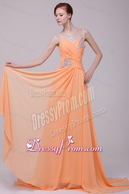 One Shoulder Chiffon Empire Rhinestone Decorate Prom Dress in Orange