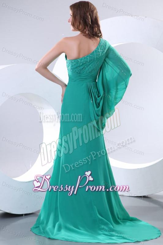 Green One Shoulder Long Sleeve Beaded Decorate Prom Dress for 2014