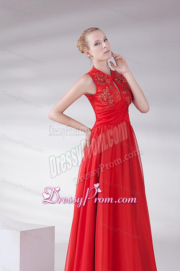 2014 New Empire Scoop Appliques Wine Red Chiffon Prom Dress