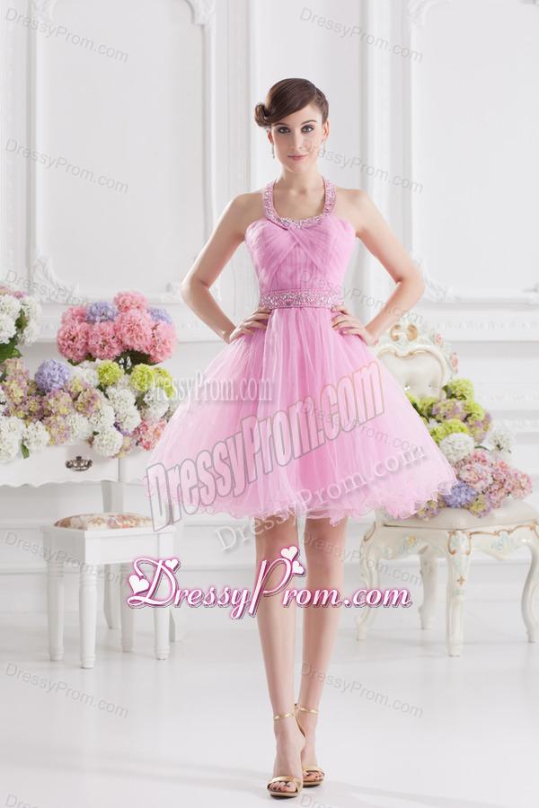 A-line Halter Top Pink Prom Dress with Ruching and Beading