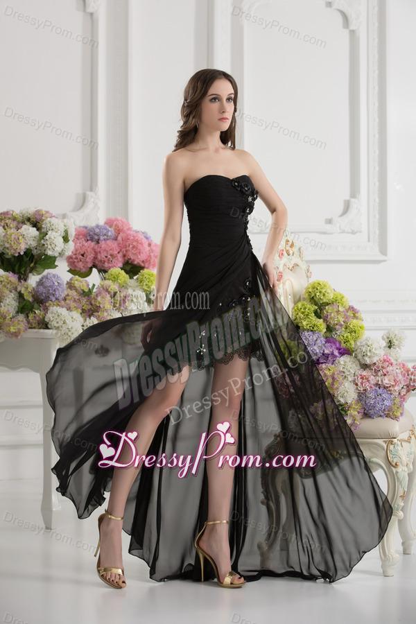 Column Sweetheart Chiffon Beading Appliques High Slit Black Prom Dress