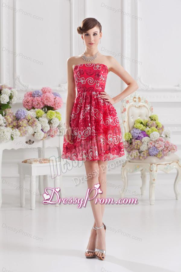 Coral Red A-line Strapless Sequins Prom Dress for 2014 Summer