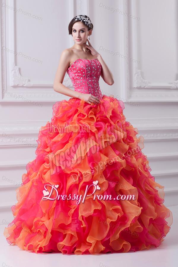 Ball Gown Strapless Organza Beading Ruflles Multi-color Quinceanera Dress