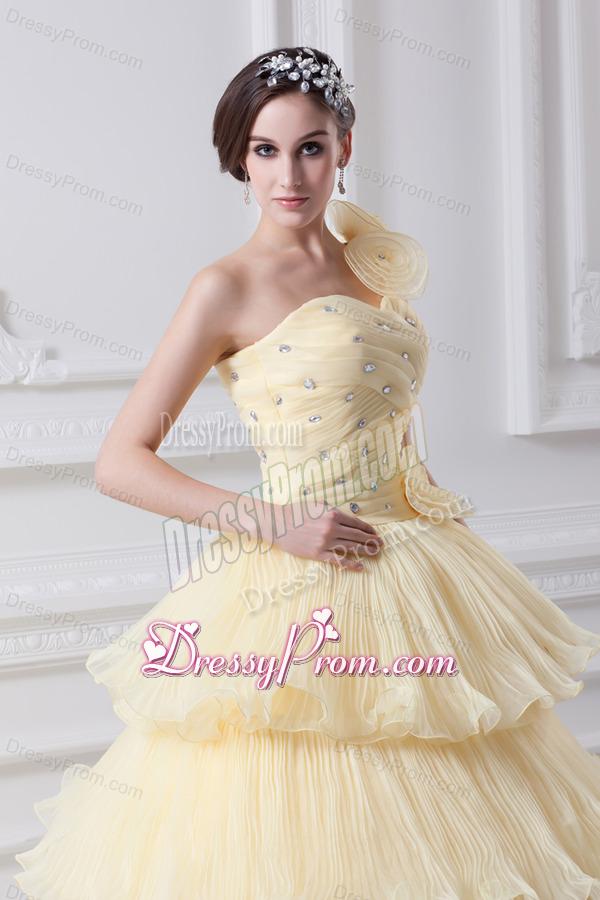 Beautiful A-line One Shoulder Beading and Ruffled Layers Quinceanera Dress in Light Yellow