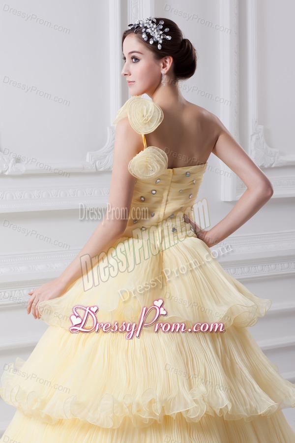 Beautiful A-line One Shoulder Beading and Ruffled Layers Quinceanera Dress in Light Yellow