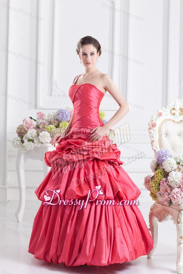 Cheap Coral Red One Shoulder Beading Ball Gown Quinceanera Dress with Pick Ups