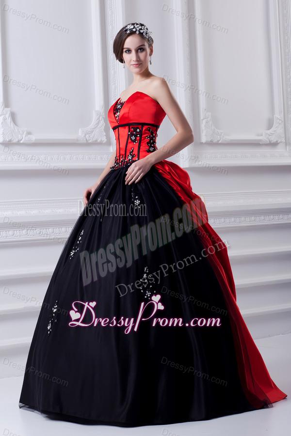 Cheap Strapless Appliques Pick-ups Black and Red Quinceanera Dress with Brush Train