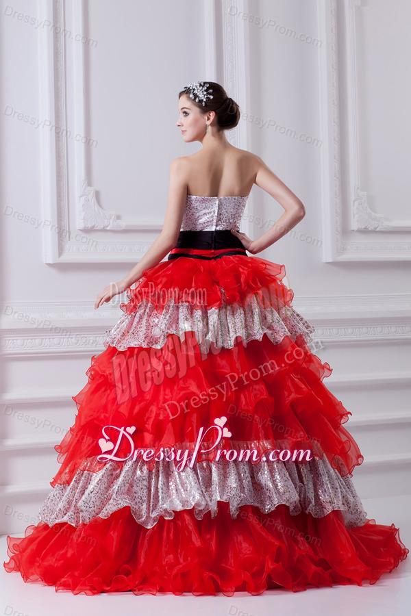 Elegant Princess Strapless Beading Ruflled Layers Red Quinceanera Dress in 2014