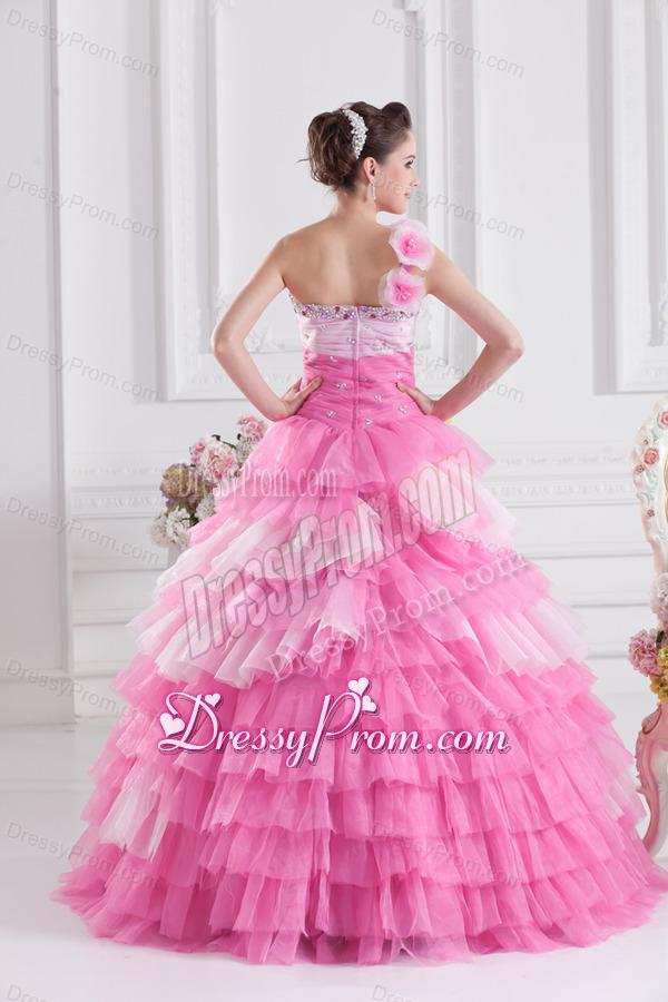 Pretty Rose Pink Princess One Shoulder Beading Quinceanera Dress with Ruffled Layers