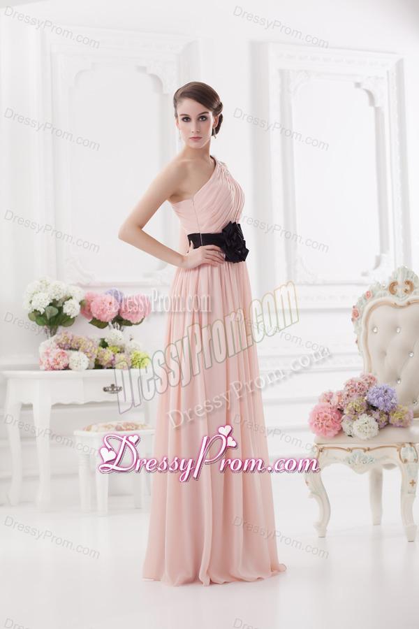 Baby Pink Empire One Shoulder Prom Dress with Ruching and Handle Made Flower