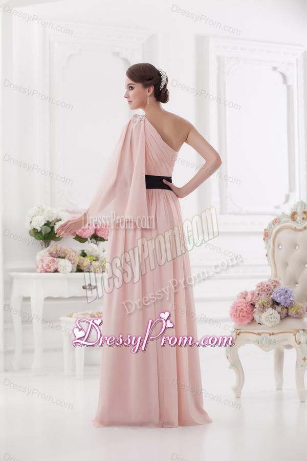 Baby Pink Empire One Shoulder Prom Dress with Ruching and Handle Made Flower