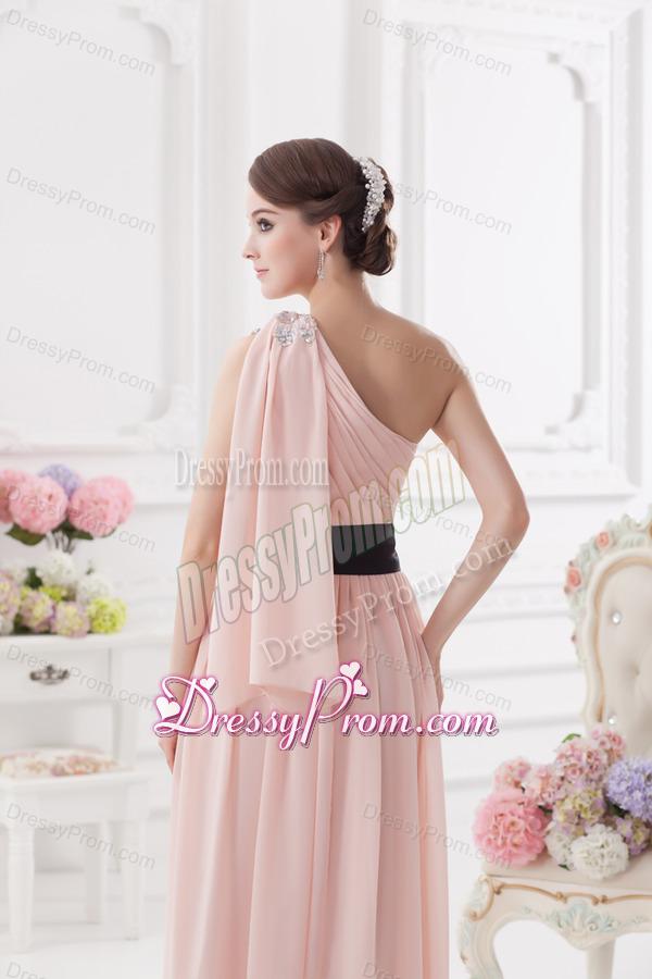 Baby Pink Empire One Shoulder Prom Dress with Ruching and Handle Made Flower