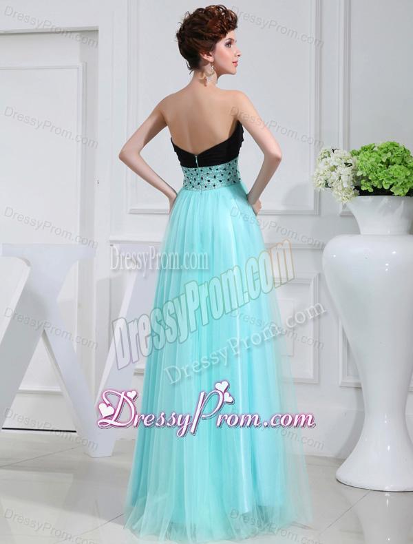 Column Beading Tulle Floor-length Strapless Aqua Blue Prom Dress