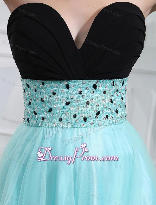 Column Beading Tulle Floor-length Strapless Aqua Blue Prom Dress