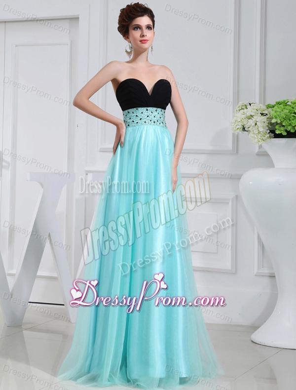 Column Beading Tulle Floor-length Strapless Aqua Blue Prom Dress