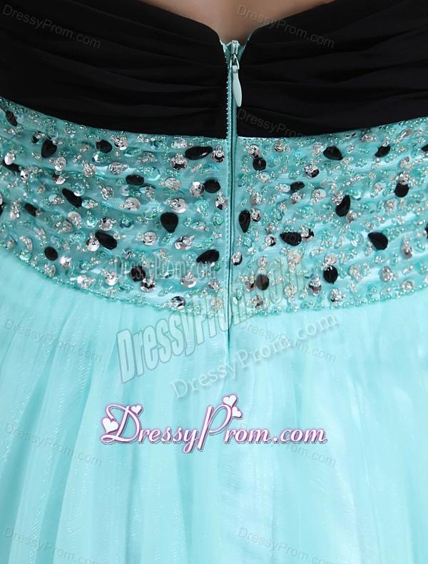 Column Beading Tulle Floor-length Strapless Aqua Blue Prom Dress