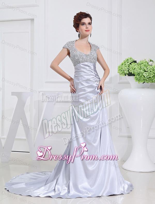 Column Square Court Train Appliques Beading Taffeta White Prom Dress