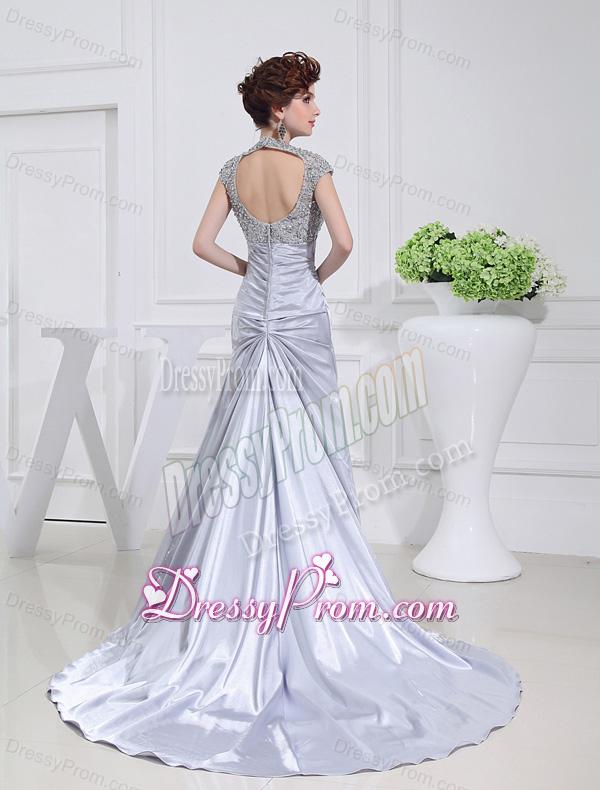 Column Square Court Train Appliques Beading Taffeta White Prom Dress