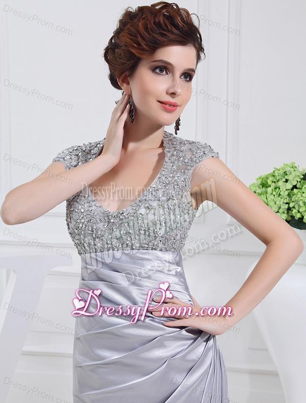 Column Square Court Train Appliques Beading Taffeta White Prom Dress