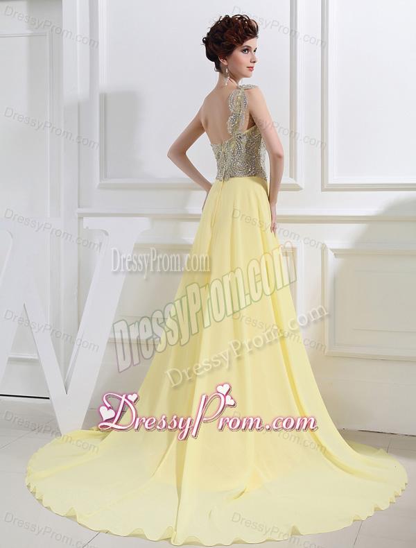 Empire Court Train Yellow Beading One Shoulder Prom Dress